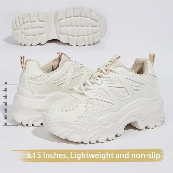 Women Beige Casual Tennis Lace Up Chunky Sneakers Shoes - Picture 2 of 7